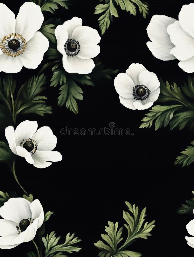 Vintage Oil Painting Of White Anemones On Black Background, Floral ... for Living with the Dark Brown Anemone Dresser Practical Beauty for Any Space