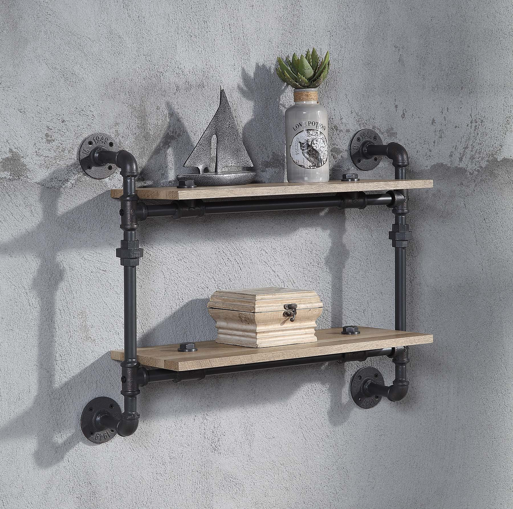 2 Tier Oak Wood Floating Shelf With Metal Tube, Sandy Black ... for Transform Your Space with the 4-Tier Oak Floating Shelf in Sandy Black