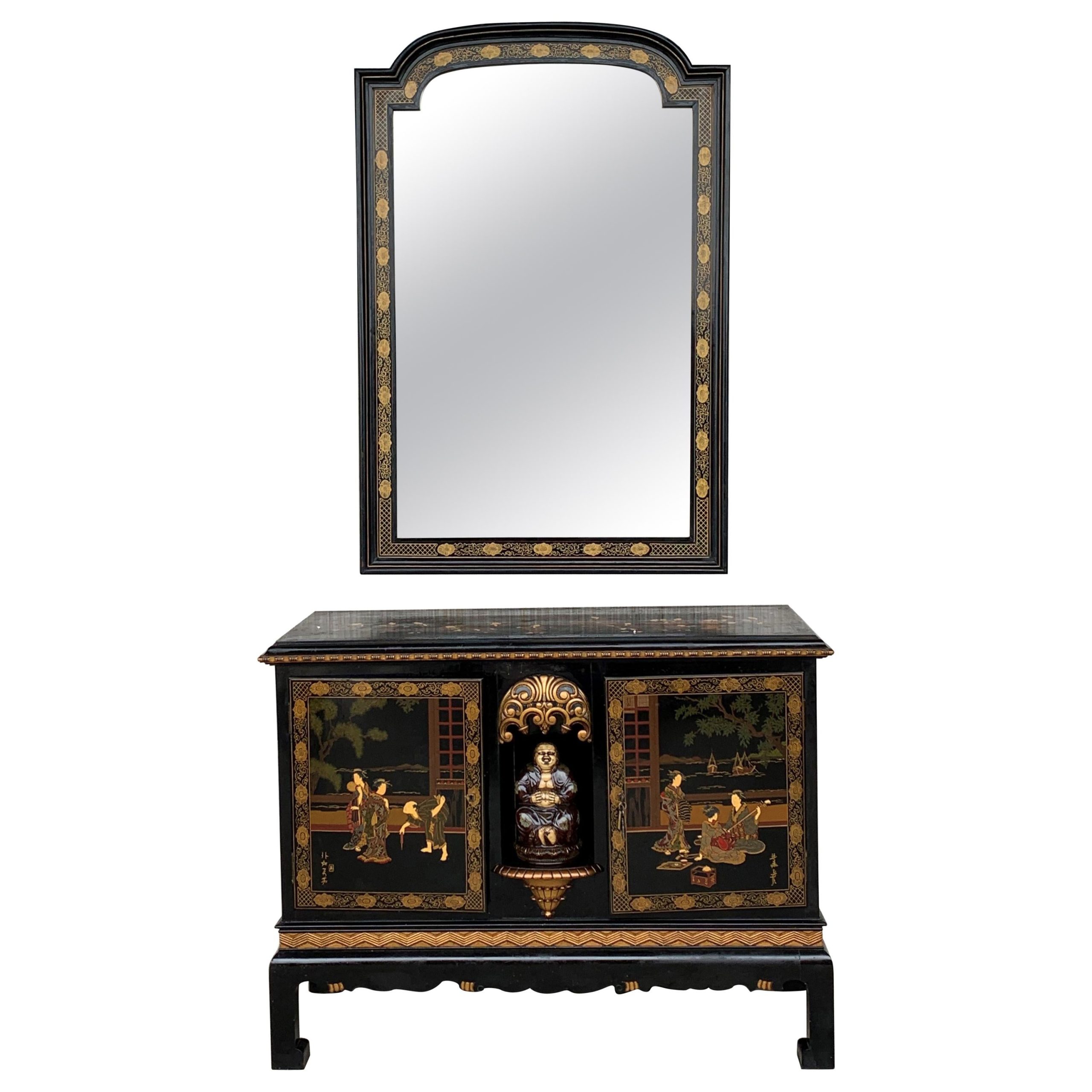 20Th Century Chinese Black Lacquer And Hand Painted Mirror At 1Stdibs with