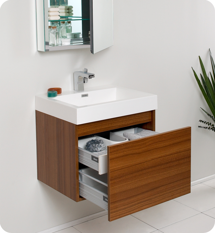 24" Teak Modern Bathroom Vanity With Faucet, Medicine Cabinet And Linen ... for