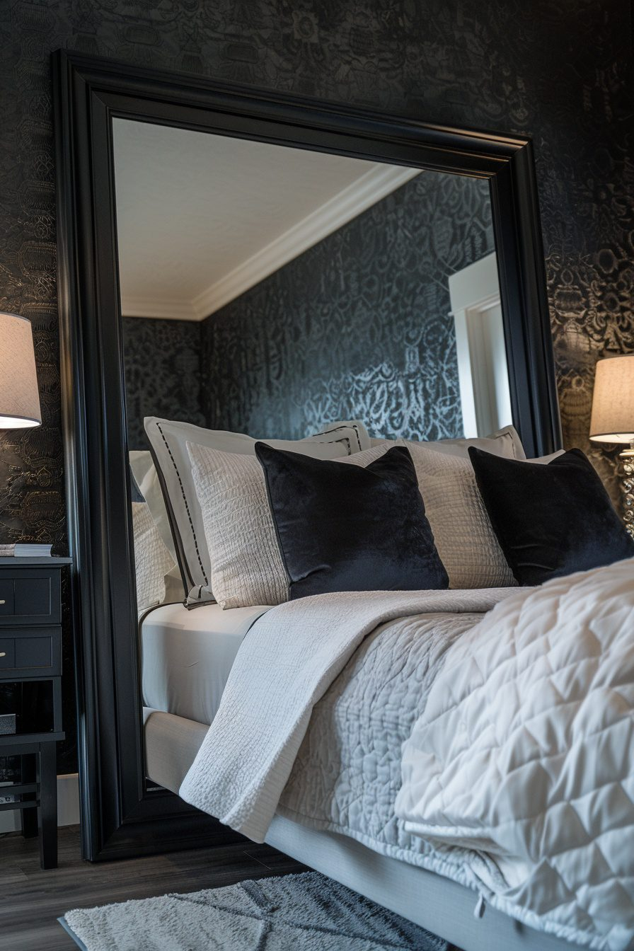 29 Moody Bedroom Retreats With Timeless Appeal pertaining to Unveiling the Timeless Appeal of the Engrahm Framed Mirror in White, 26 Inches