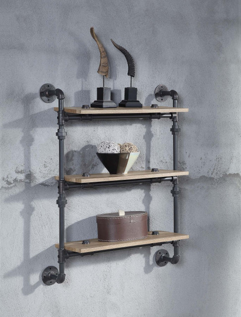 3 Tier Oak Wood Floating Shelf With Metal Tube, Sandy Black ... with regard to