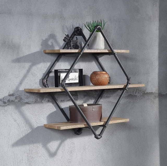 3 Tier Oak Wood Rhombic Floating Shelf With Metal Tube, Sandy Black ... inside