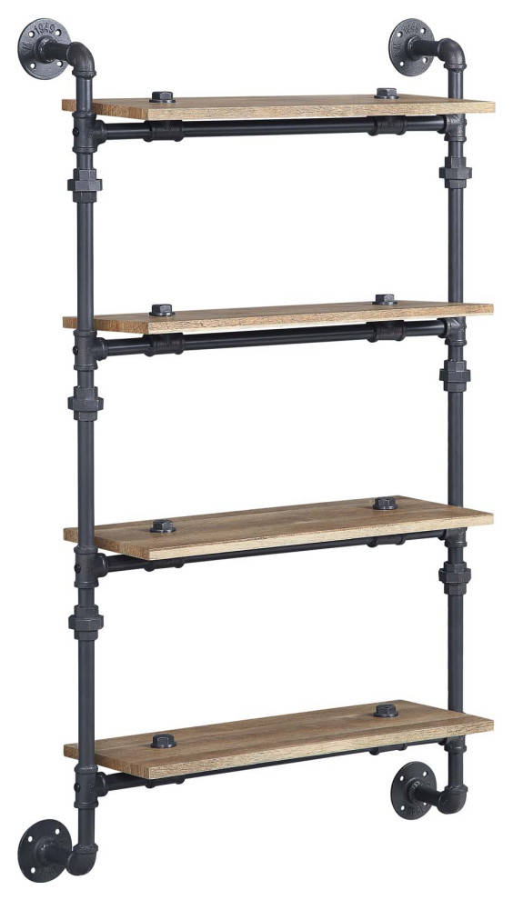 4 Tier Oak Wood Floating Shelf With Metal Tube, Sandy Black ... for