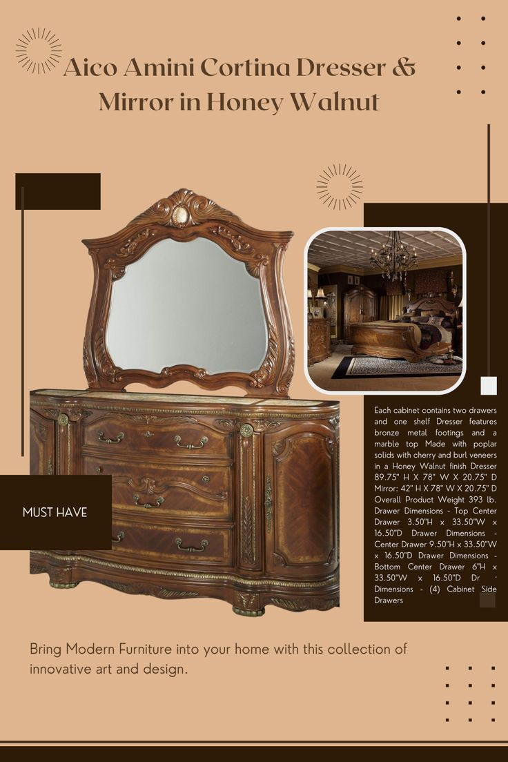 Aico Amini Cortina Dresser &Amp; Mirror In Honey Walnut In 2024 | Honey ... pertaining to Caring for Your Honey Walnut Cortina Dresser Tips from an Expert