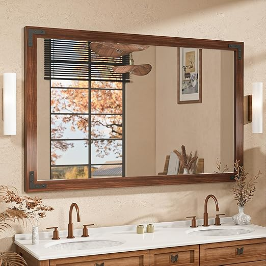 Amazon.com: Tetote Brown Wood Framed Wall Mirror For Bathroom 48 X 30 ... for