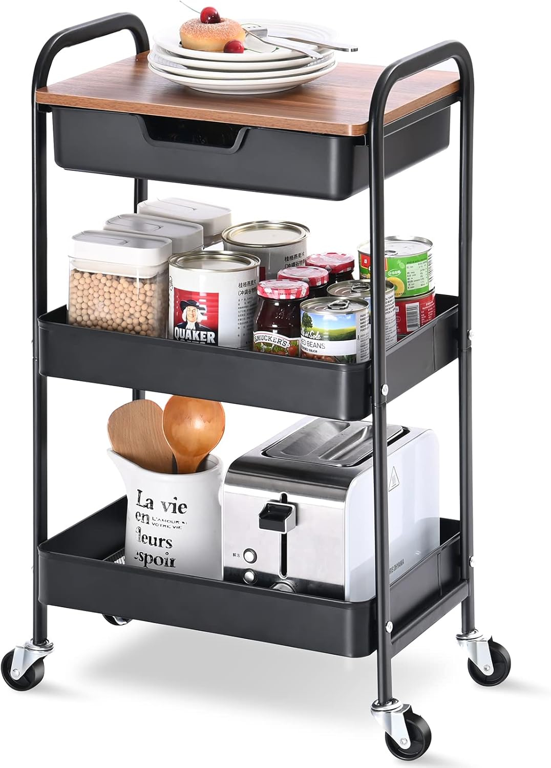Amazon.com: Toolf 3-Tier Utility Rolling Cart With Wooden Board And ... inside Durability Meets Design Exploring the 3-Tier Metal and Wood Caster Cart