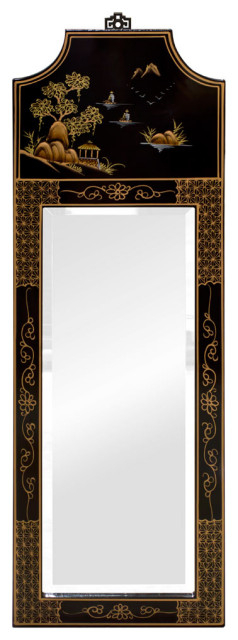 Black Lacquer Chinoiserie Scenery Motif Panel Oriental Mirror - Asian ... with