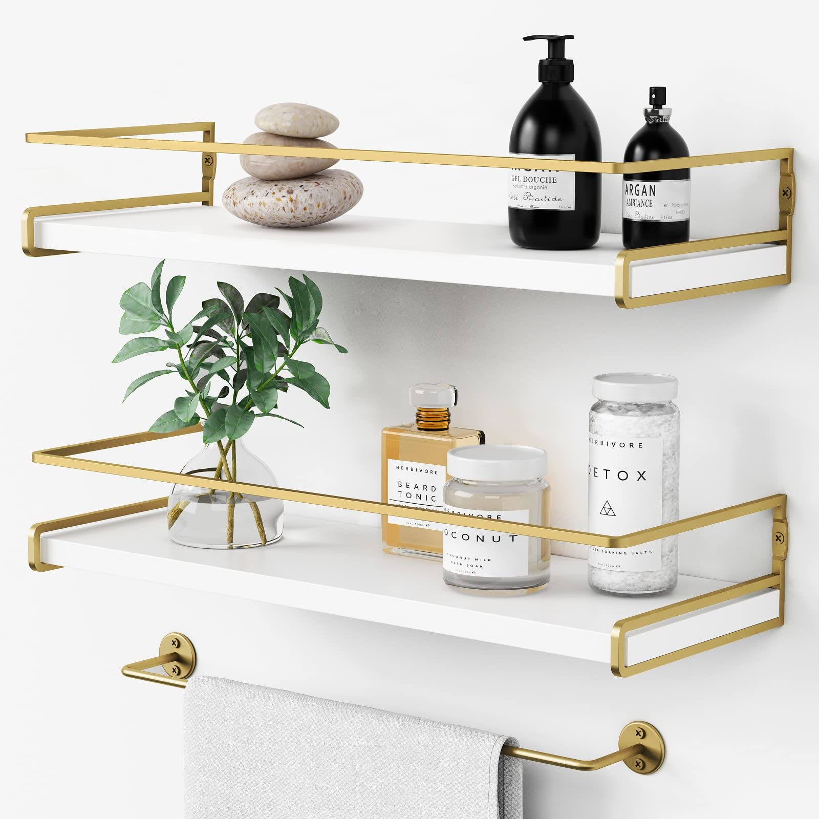 Buy Forbena Floating Bathroom Shelves Wall Ed, Aesthetic White And Gold ... in Style Meets Functionality Three Tilde Shelves in White and Gold