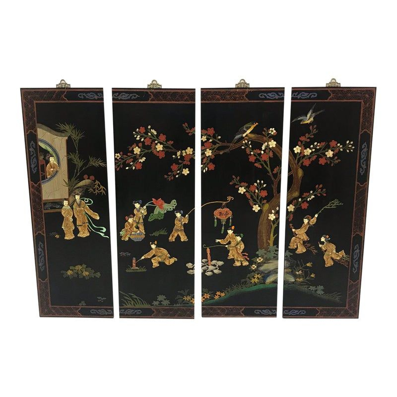 Chinoiserie Black Lacquer Panels - Set Of 4 In 2020 | Chinoiserie ... throughout The Artistic Journey Behind Black Lacquer Chinoiserie Oriental Mirror Panels