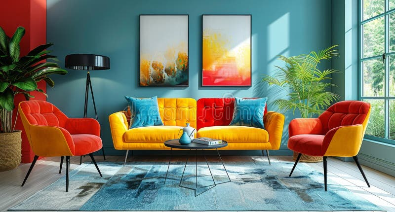 Colorful Living Room With Modern Mondrian-Inspired Design Featuring ... throughout Decoding the Design Secrets of Mondrian-Inspired Walls
