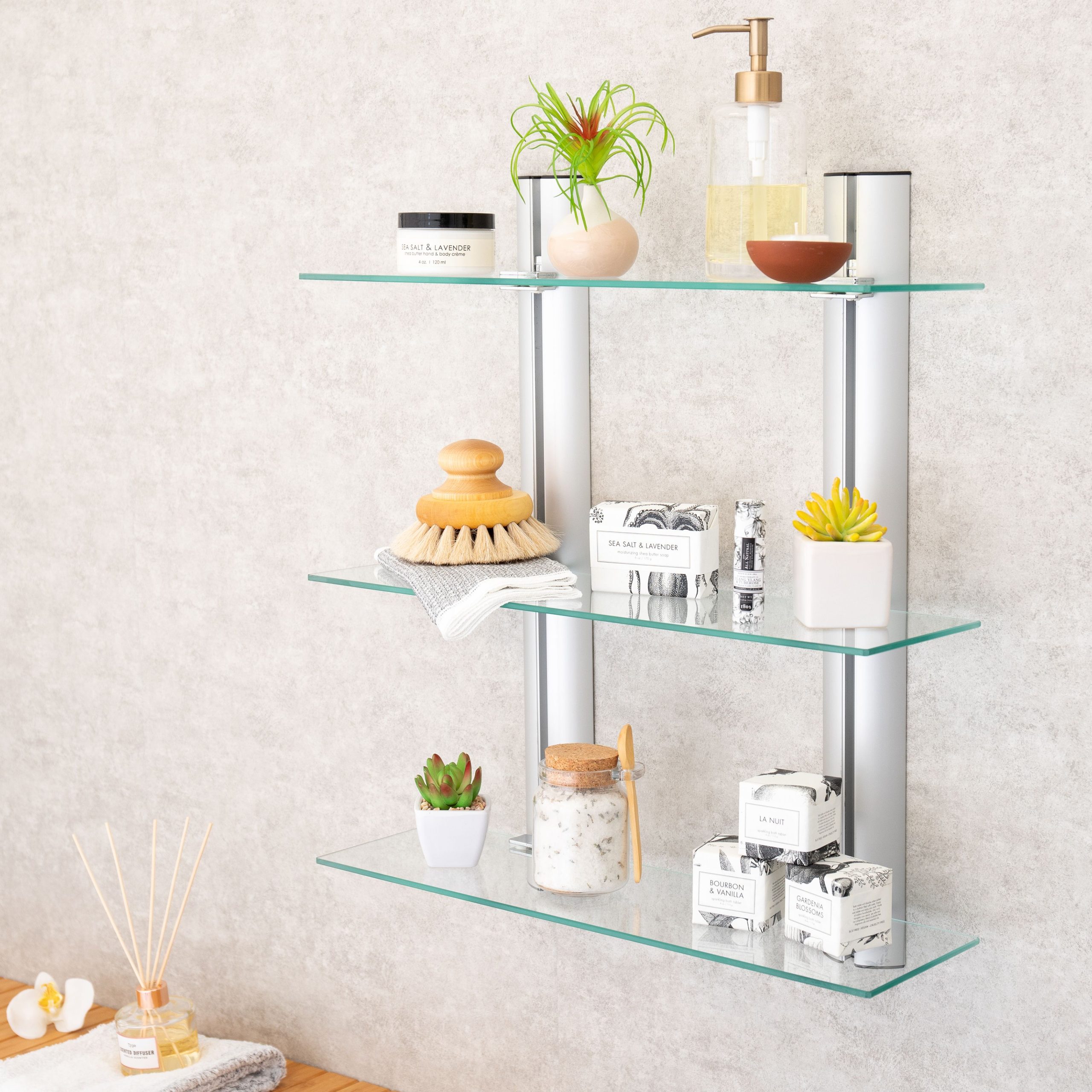 Decorative Wall-Mount 3-Tier Adjustable Glass Wall Shelves On Aluminum ... within