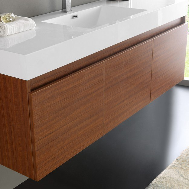 Fresca Fvn8041Tk Senza Mezzo 60 Inch Teak Wall Hung Single Sink Modern ... within Style Meets Functionality A Look at the Fresca Teak Bathroom Linen Side Cabinet