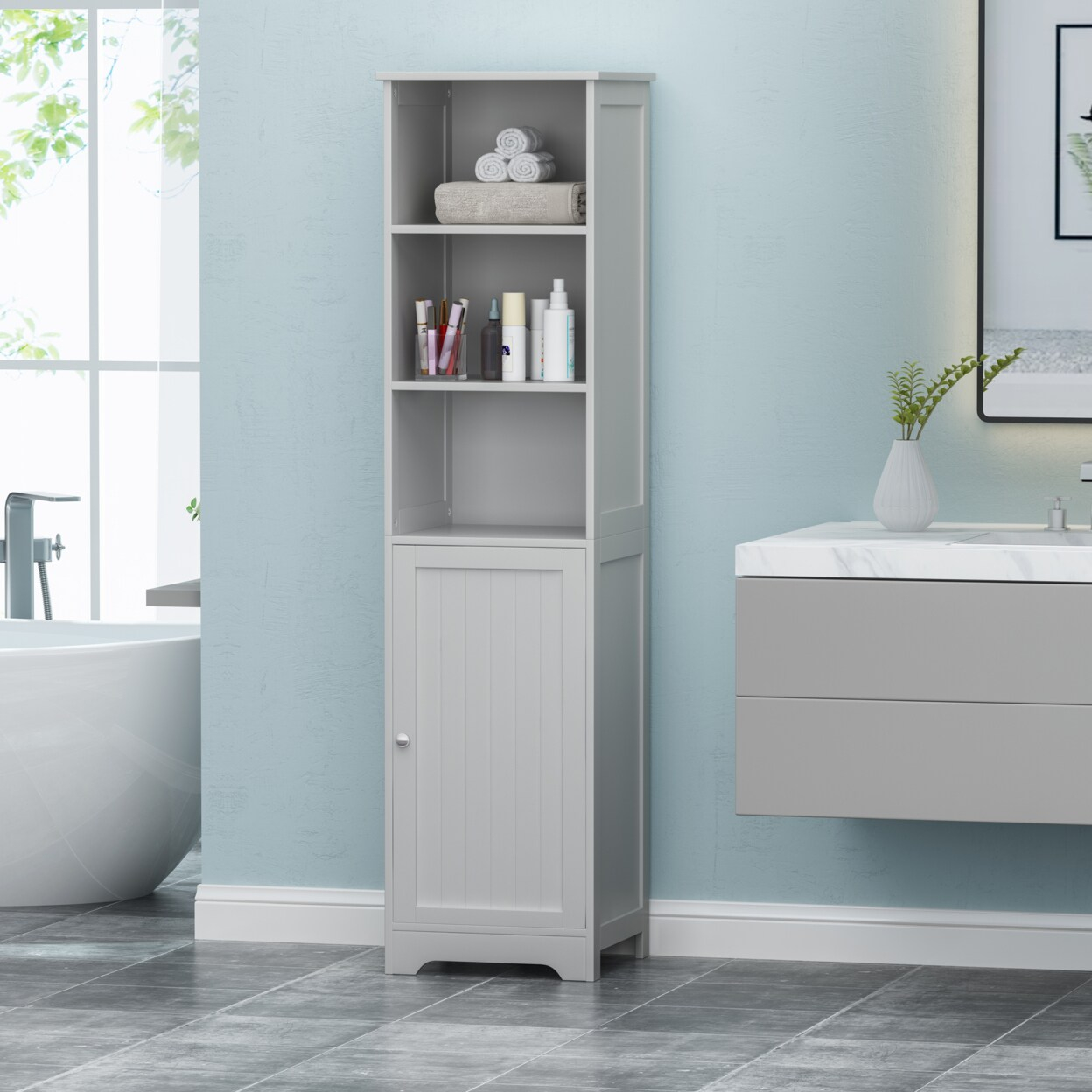 Gdf Studio Lauren Modern Free Standing Bathroom Linen Tower Storage ... throughout