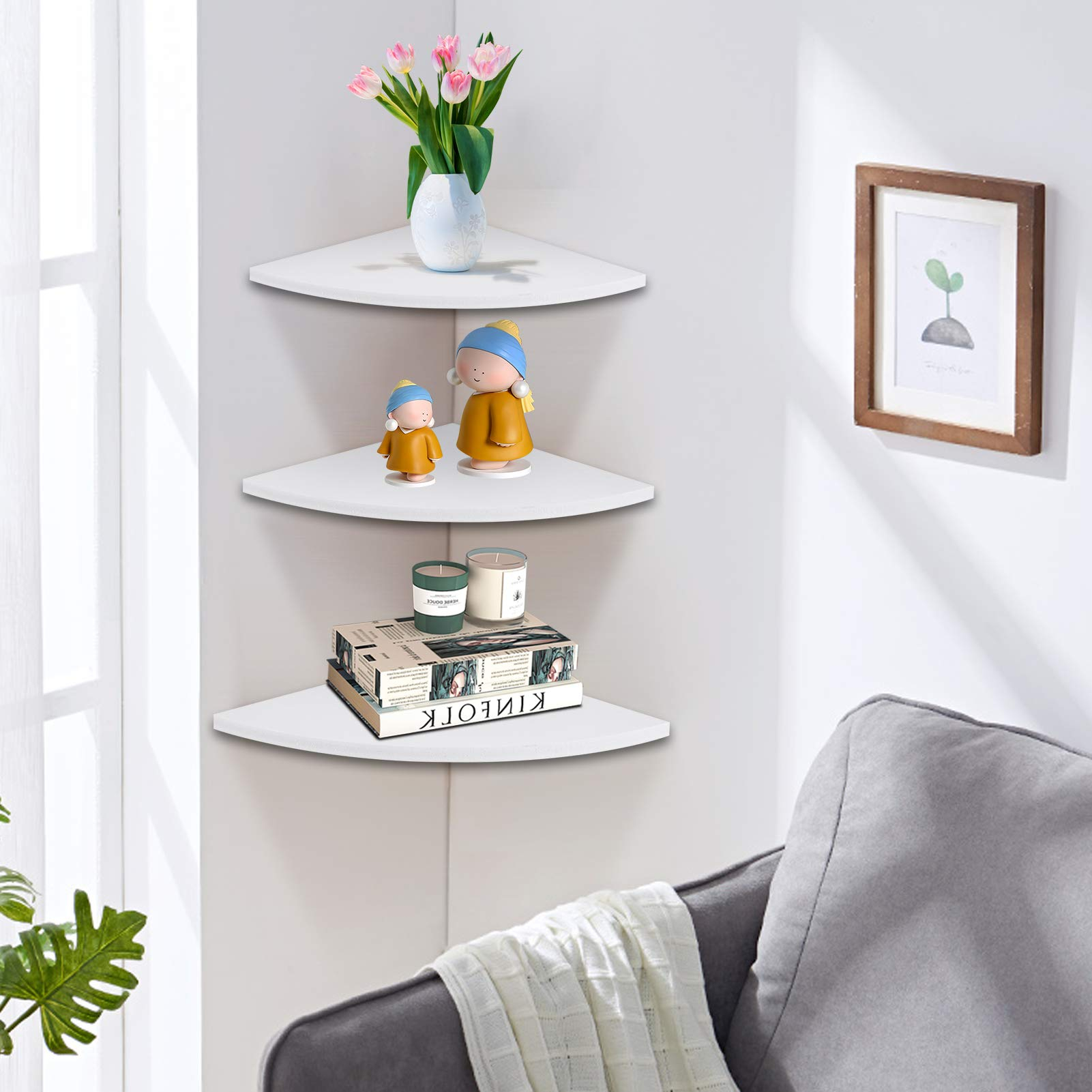 Greensen Corner Wall Shelf Floating Wall Shelf 3 Tier Corner ... pertaining to Mastering Your Space The 3-Tier White Corner Shelf With Built-in Gradienter