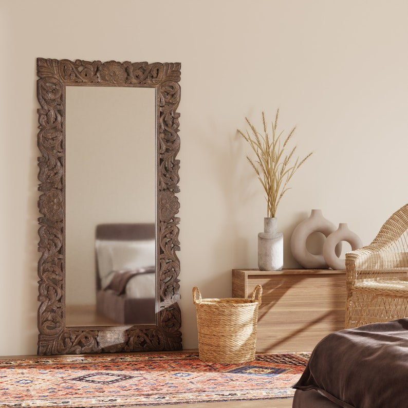Hand-Carved Artisanal Tall Rectangular Mirror - Etsy within The Artisanal Beauty of Cyan Design's Tall Skinny Mirror Rustic Verde