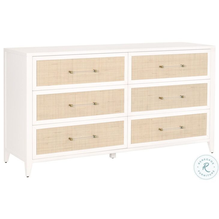 Holland Matte White And Natural Rattan 6 Drawer Double Dresser From ... inside
