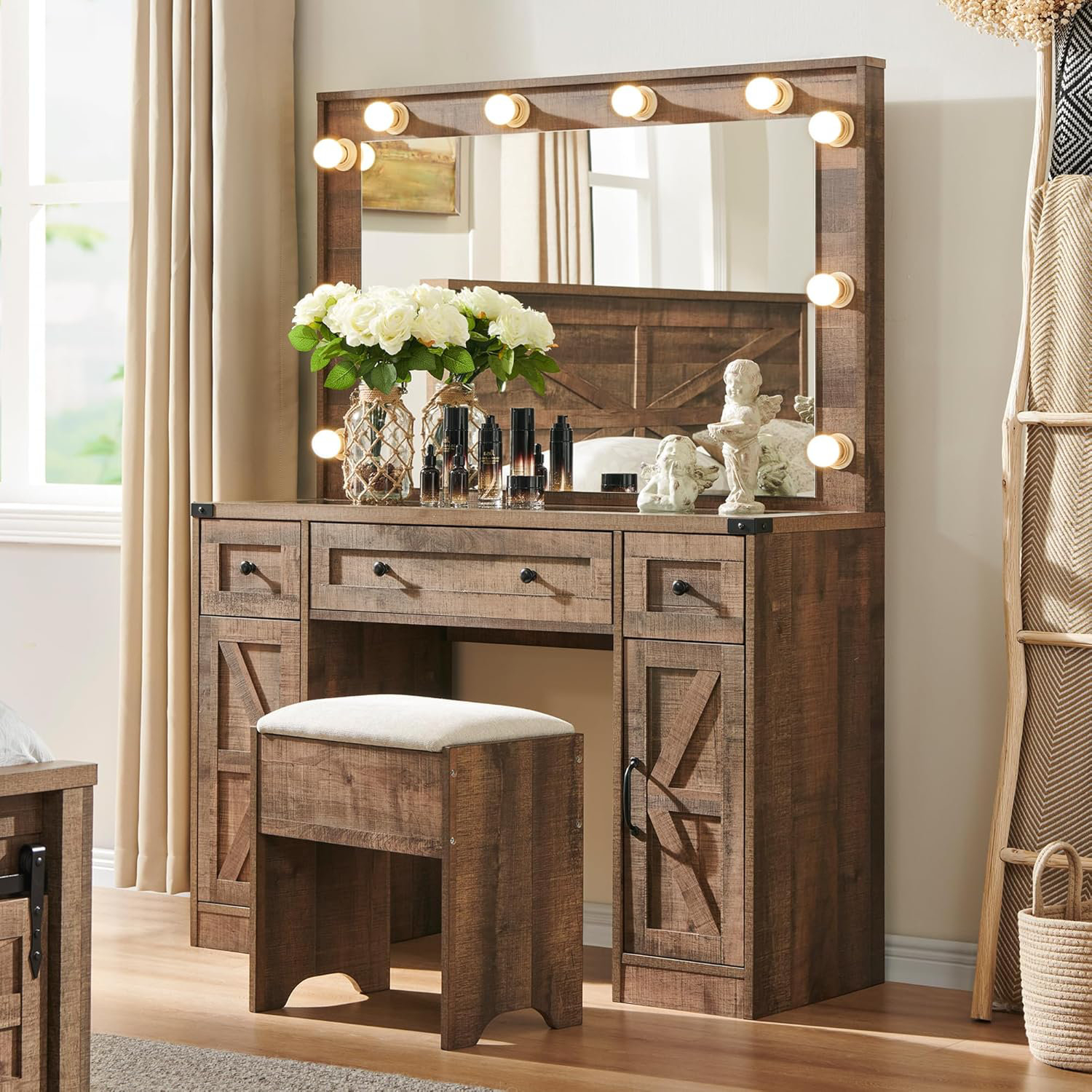Millwood Pines Casablanca 43" Farmhouse Makeup Vanity Desk With Barn ... for Unveiling the Charm of Turquoise Casablanca-Style Vanity Mirrors