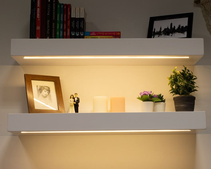 Modern White Floating Shelf, Thick Wall Shelf With Light, Wooden Shelf ... within
