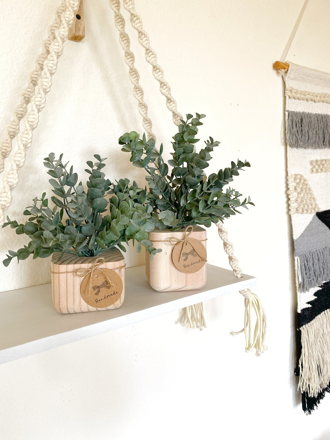 New Artificial Eucalyptus Plant In Handmade Wood Pot - Floating Shelf ... intended for Unveiling the Charm of Eucalyptus Wood Lacquered Scalloped Shelving