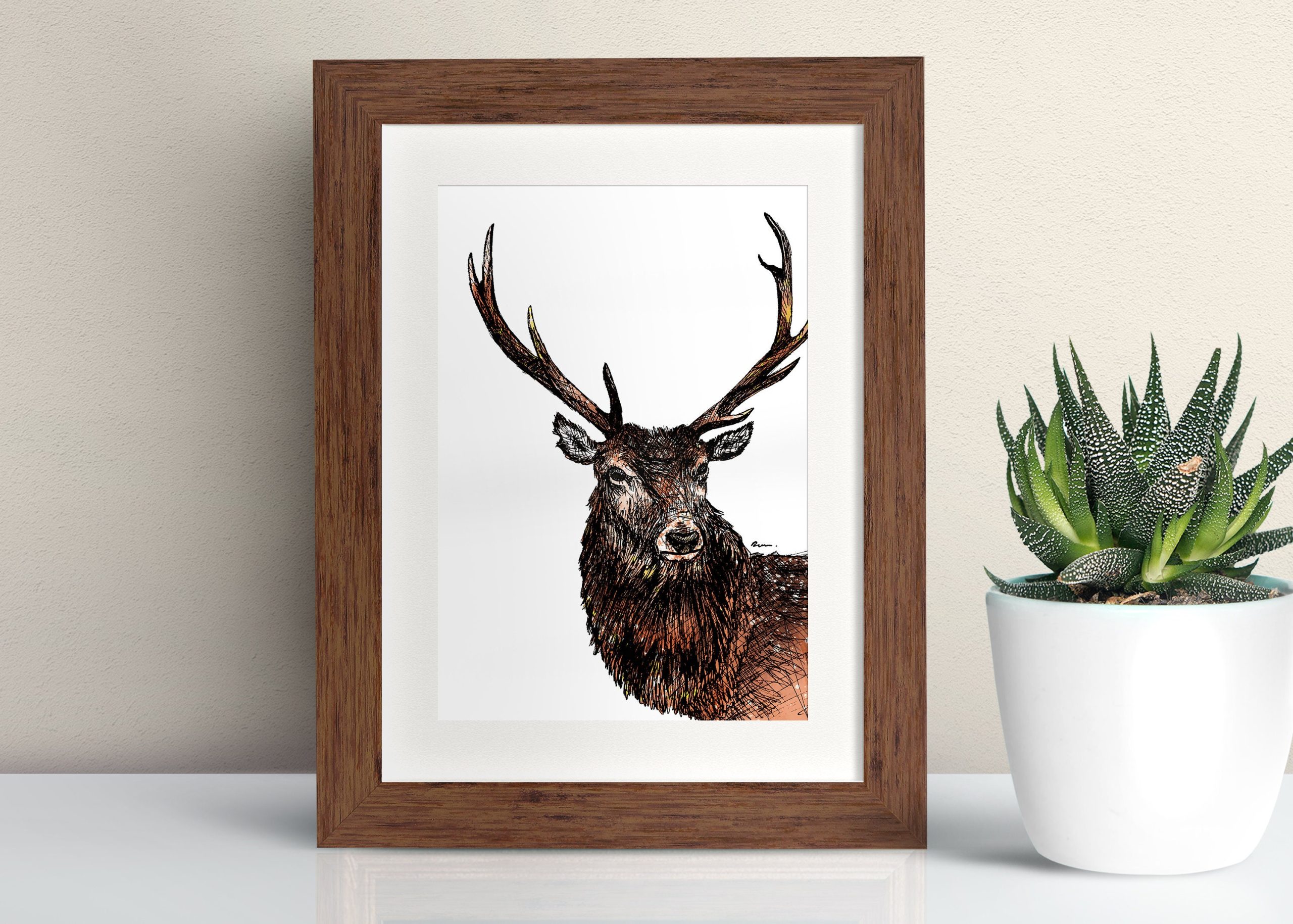 Red Deer Framed Art Print Deer Print Pen And Ink Drawing | Etsy throughout A Closer Look at Mr. Deer's Unique Framed Wall Art