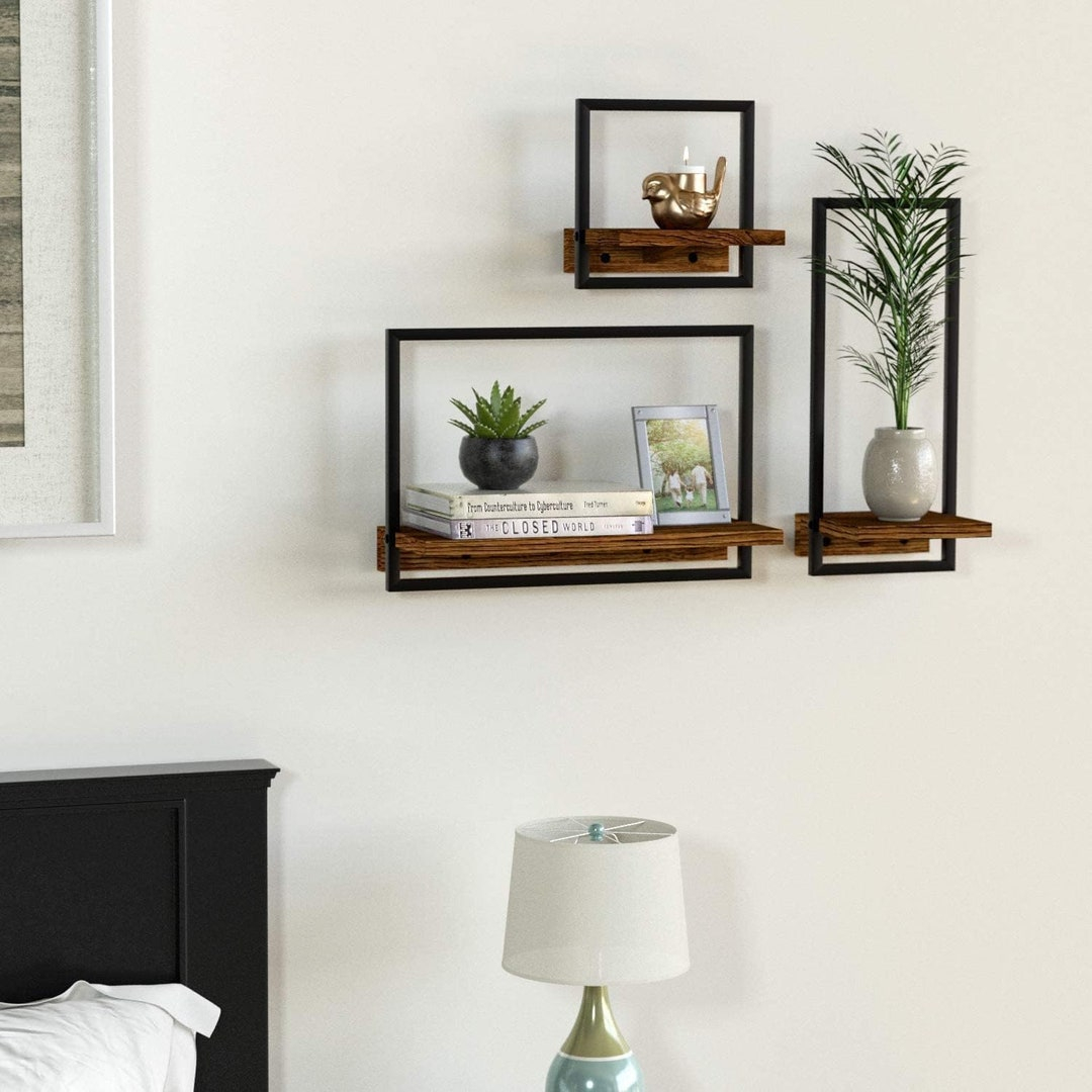 Set Of 3 Rustic Wood &Amp; Metal Wall Shelves Bathroom Shelves Floating ... pertaining to Transform Your Space with the Adela Rustic Wood and Metal Wall Shelf