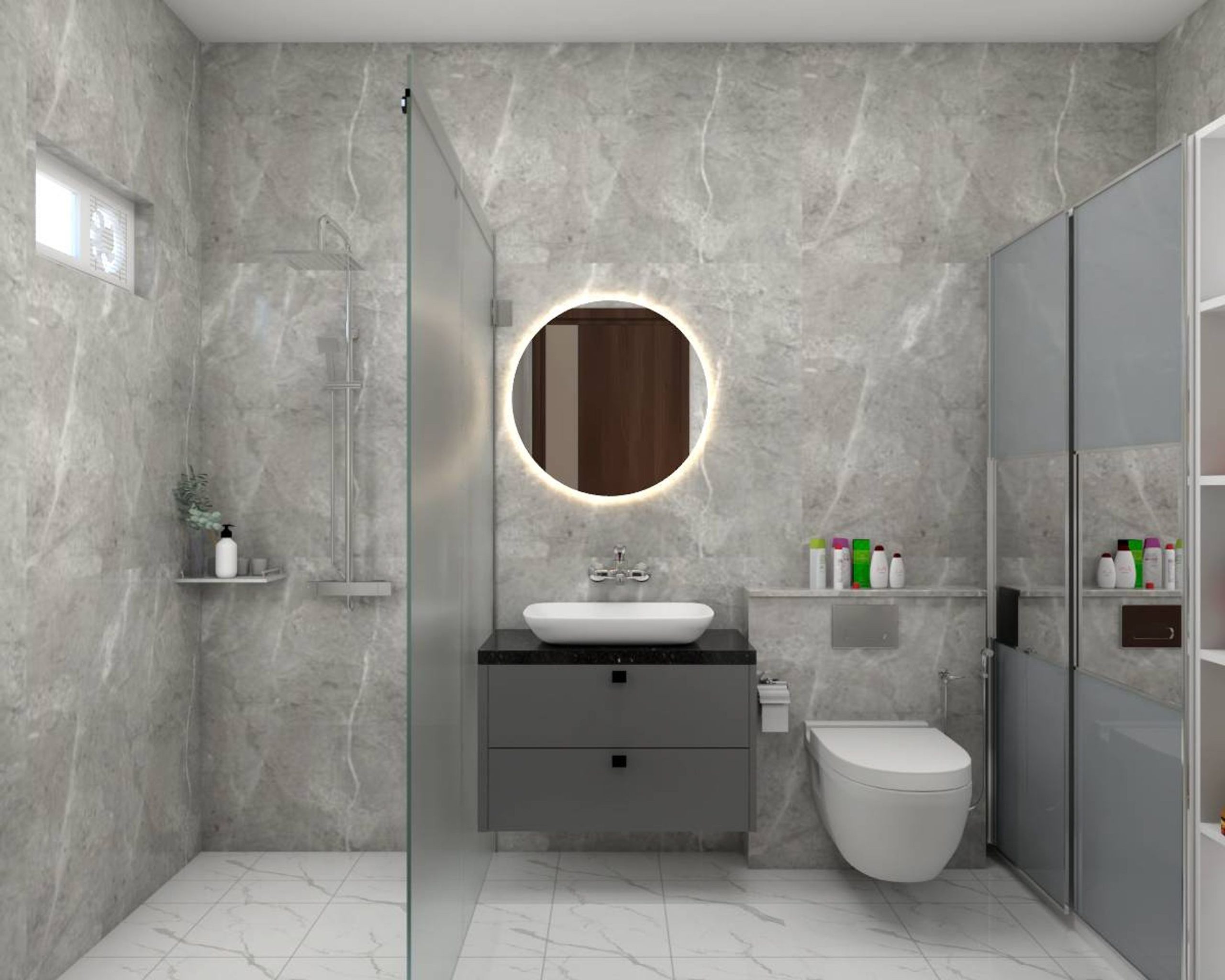 Spacious Grey Bathroom Design | Livspace within Maximizing Your Bathroom Space A Deep Dive into the GDF Studio Grey Storage Cabinet
