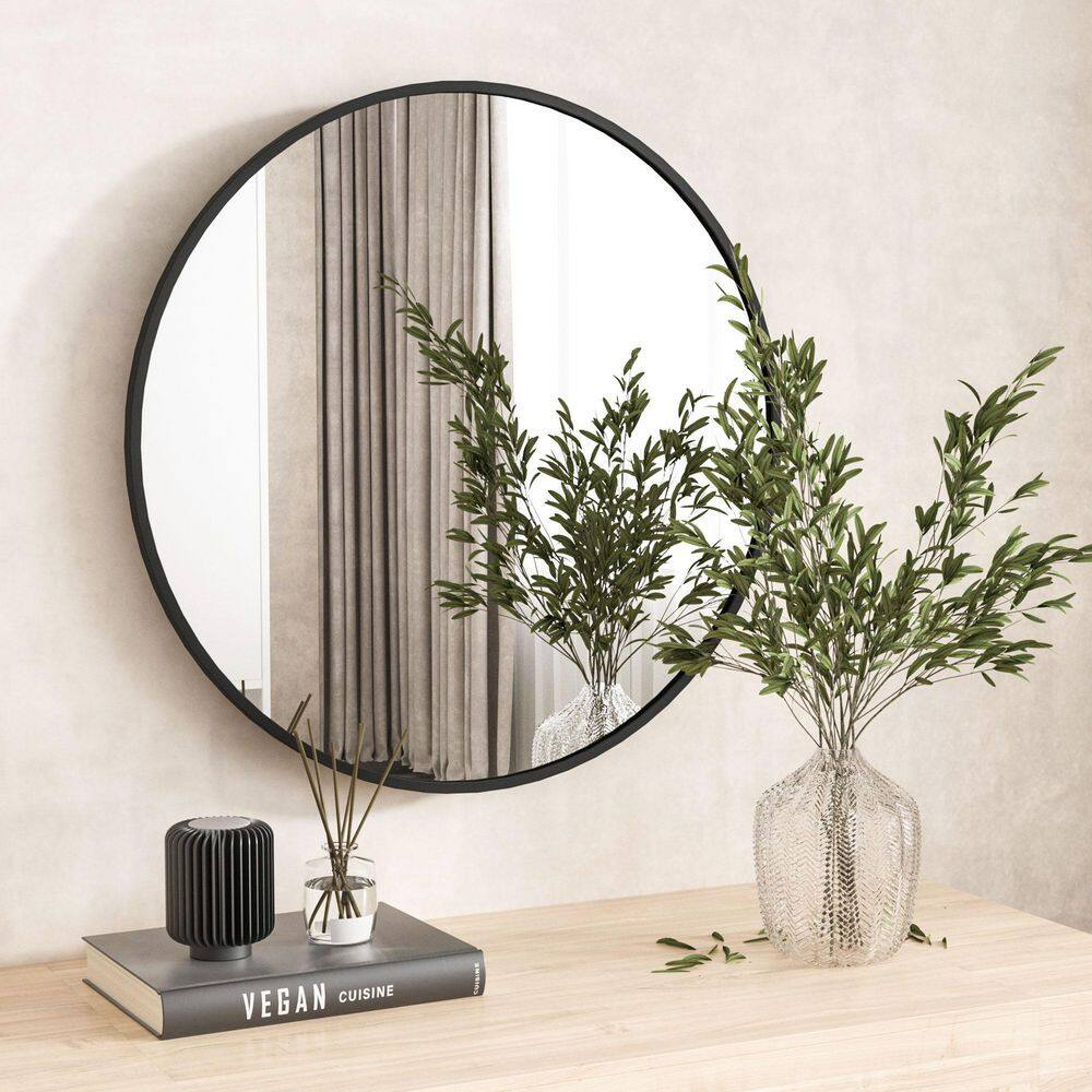 Xramfy 24 In. W X 24 In. H Round Aluminum Alloy Framed Black Wall ... throughout