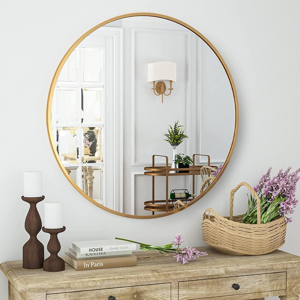 Xramfy 24 In. W X 24 In. H Round Aluminum Alloy Framed Gold Wall Mirror ... intended for Choosing the Right Amelle Gold Wall Mirror for Your Space