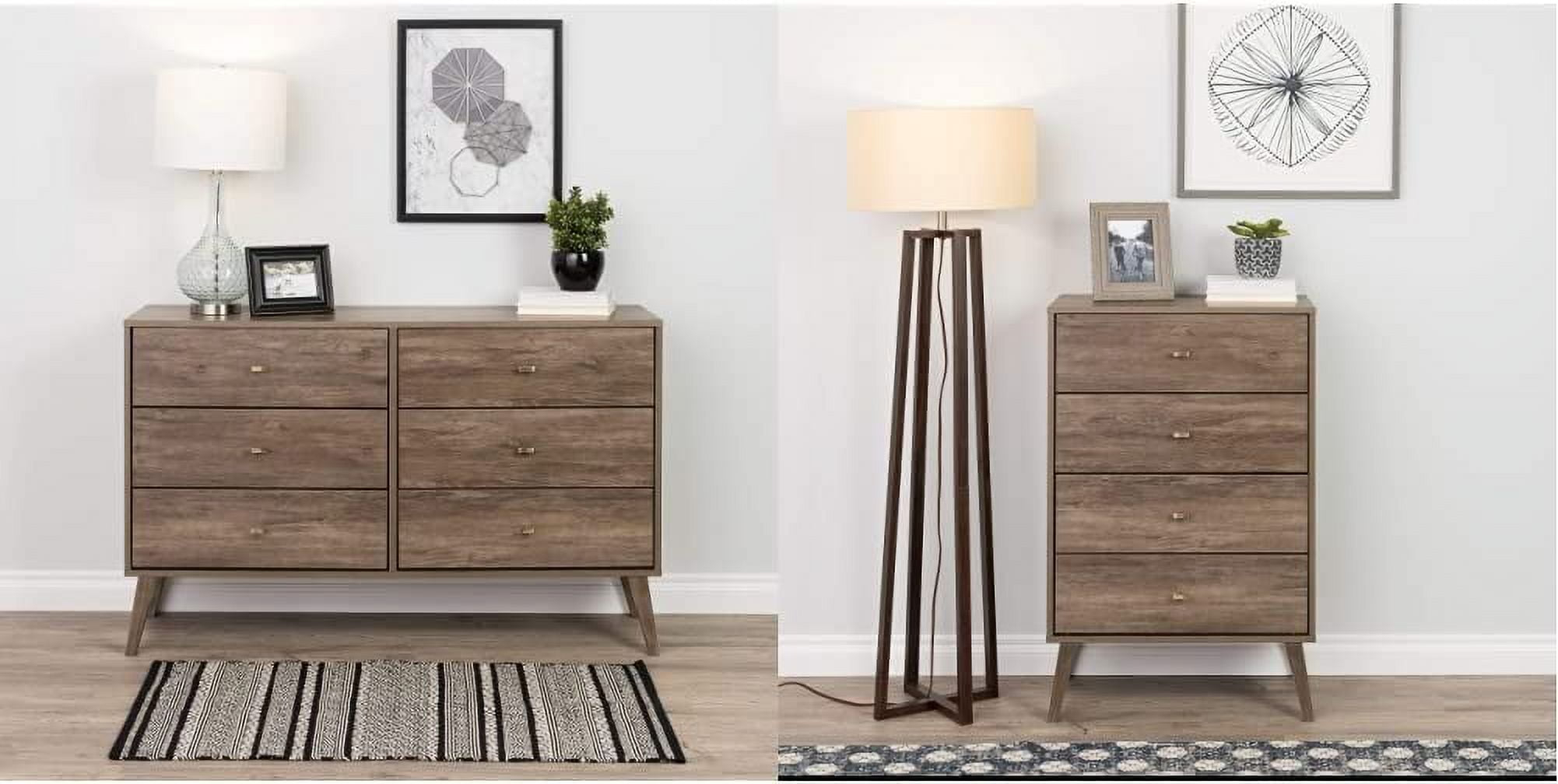 Yumiao Milo Mid-Century 6 Drawer Dresser + 4 Drawer Chest, Drifted Gray ... pertaining to A Closer Look at the Popular Drifted Gray Finish in Mid-Century Dressers