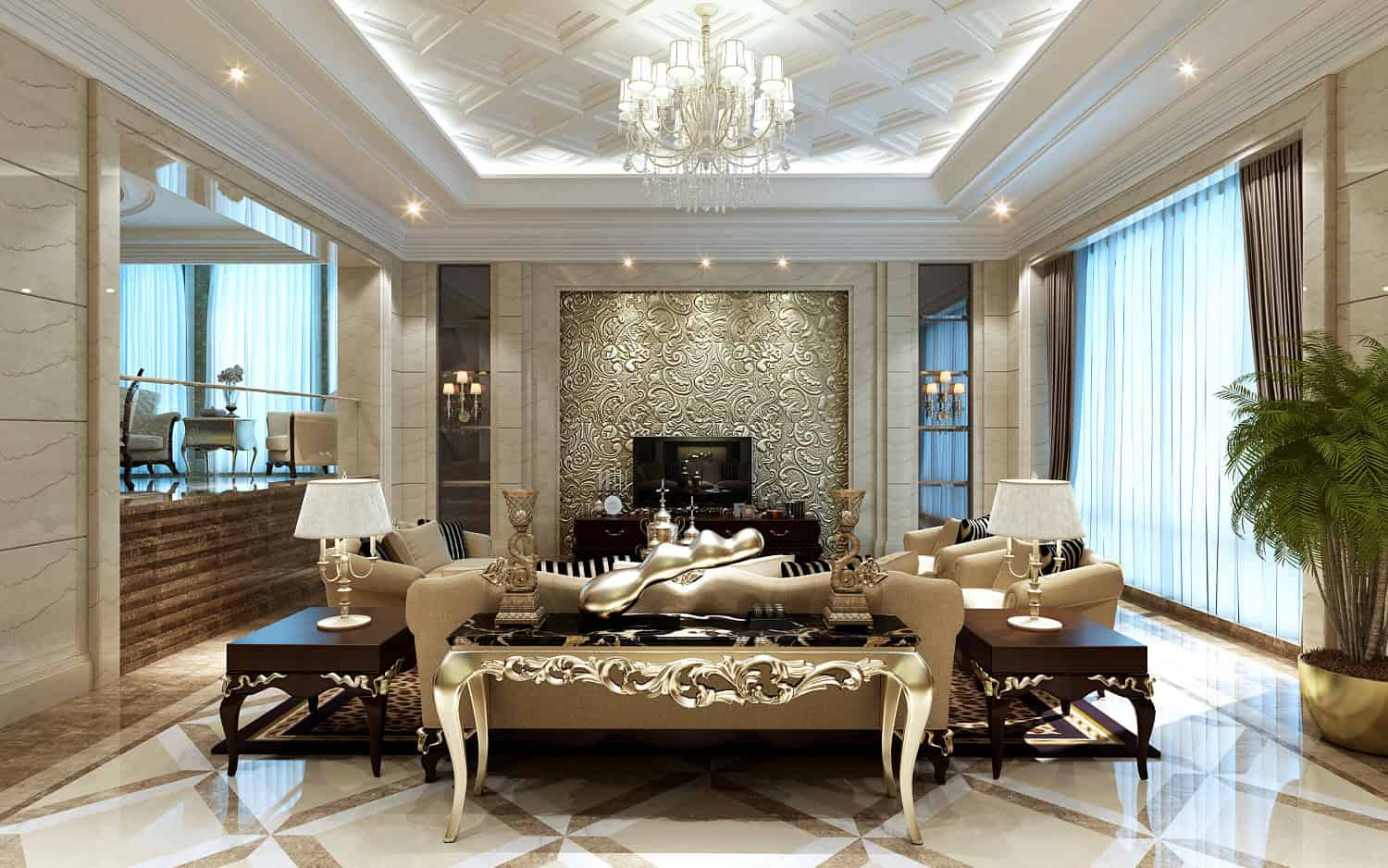 19 Divine Luxury Living Room Ideas That Will Leave You Speechless in Styling Your Space with the Luxurious Combination of Black, Gold Leaf, and Mercury Mirror