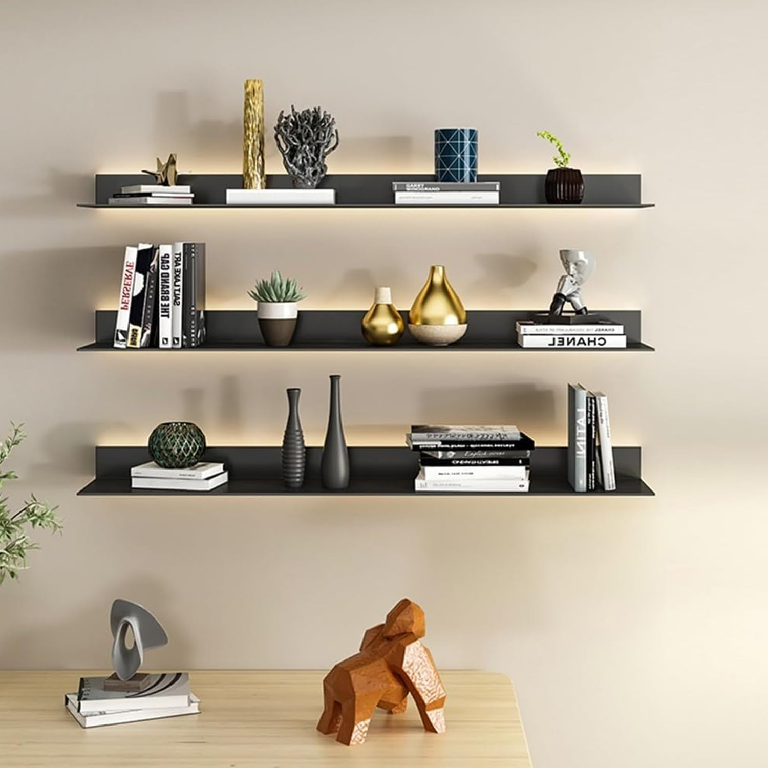 1Pcs Floating Wall Mounted Shelves With Strip Lights, Black Metal Wall ... in