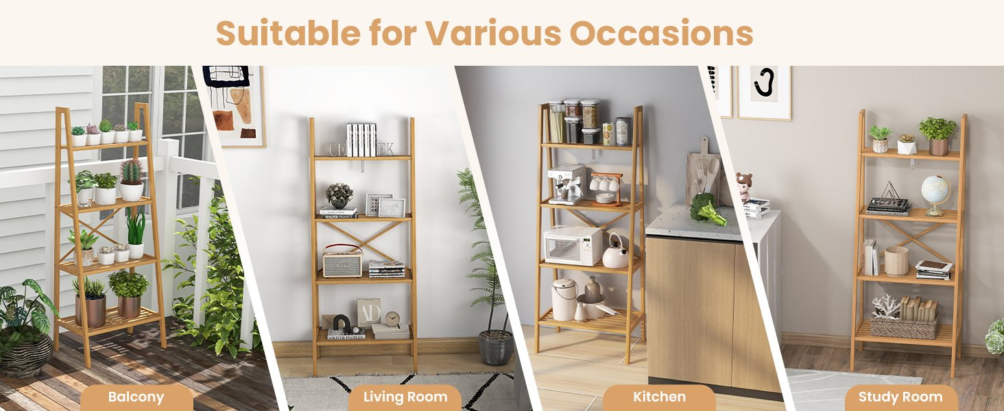 58 Inch 4-Tier Bamboo Ladder Bookshelf - Costway in