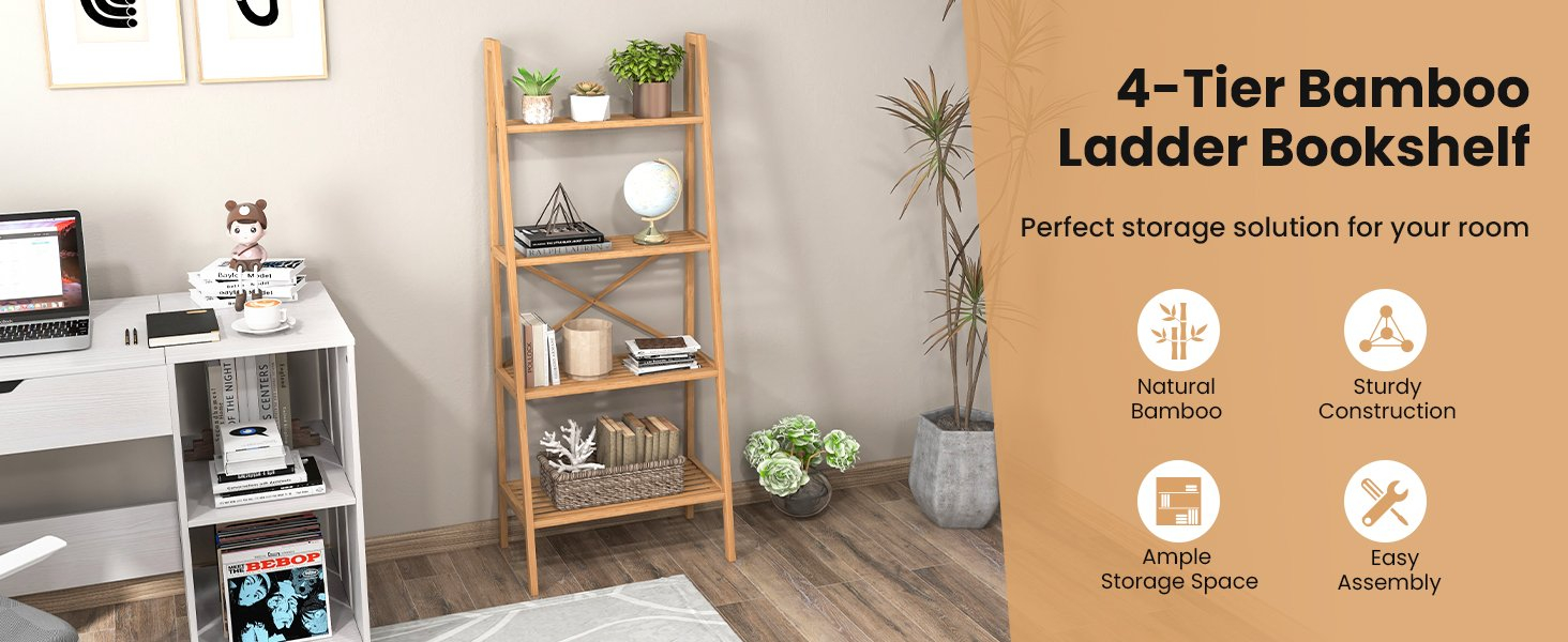 58 Inch 4-Tier Bamboo Ladder Bookshelf - Costway pertaining to