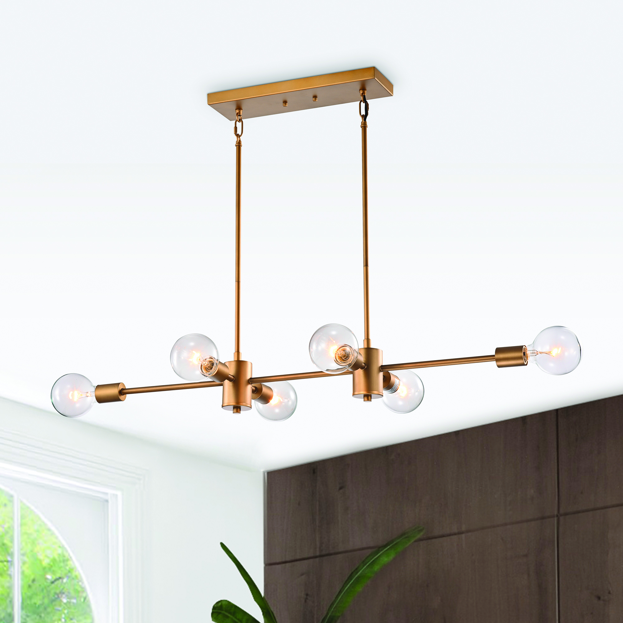 6-Light Natural Brass Exposed Bulb Linear Mid-Century Modern Chandelier ... pertaining to The Enduring Appeal of Satin Brass in Modern Linear Chandeliers