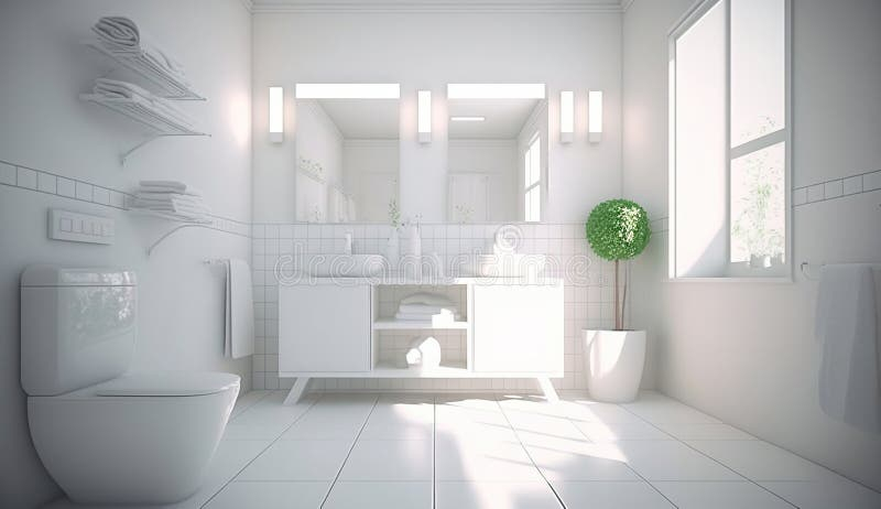 A Serene White Minimalist Bathroom Design. Generative Ai Stock ... pertaining to Achieving a Serene Bathroom The Impact of a Blue Vibe Frameless Mirror