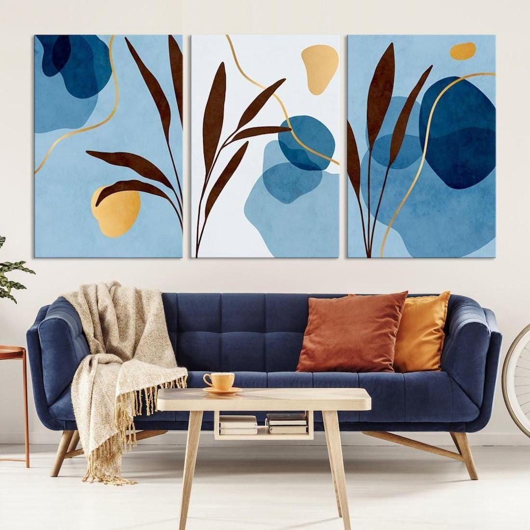 Abstract Blue Flowers Wall Art, Botanical Wall Art, Boho Modern Canvas ... within