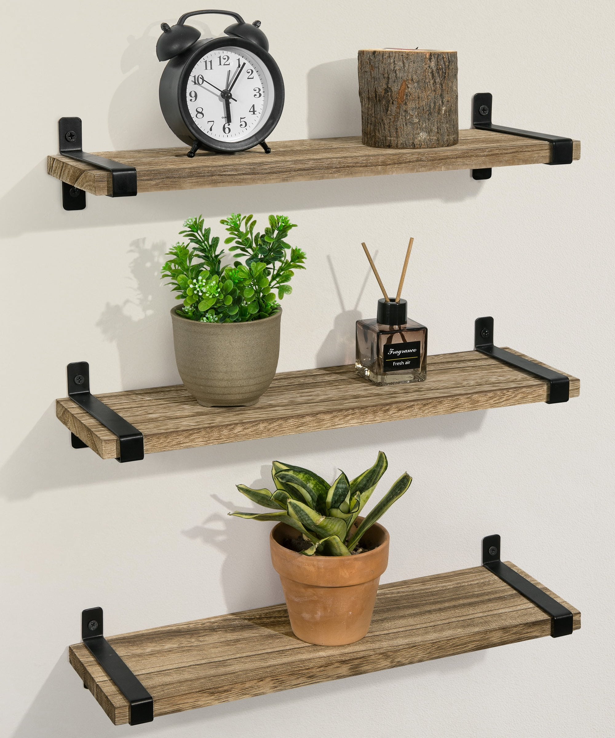 Afuly Rustic Wood Floating Shelves Set Of 3, Wall Mounted 16In Brown ... with regard to
