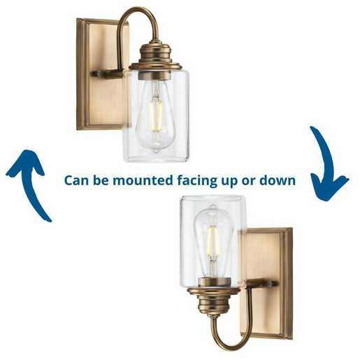 Aiken Collection One-Light Vintage Style Brass Clear Glass Farmhouse ... in How the Aiken Collection Light Transforms a Bathroom's Ambiance