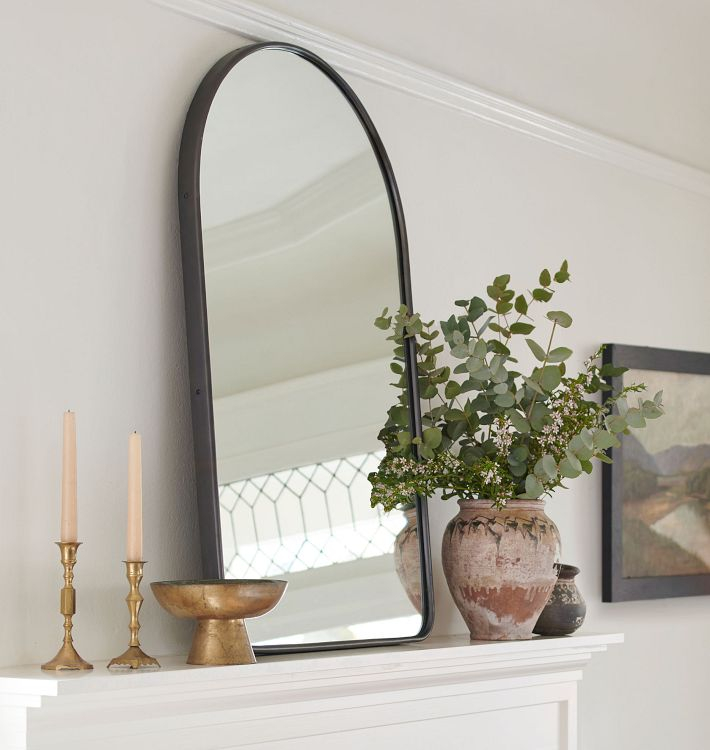 Arched Metal Framed Mirror | Rejuvenation for Styling Tips for Your New Modern Metal Framed Mirror With Shelf