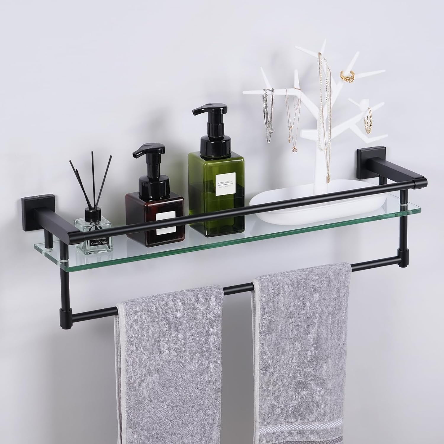 Bathroom Glass Shelf With Towel Bar/Rack 24 Inches Wall-Mounted Shelves ... regarding