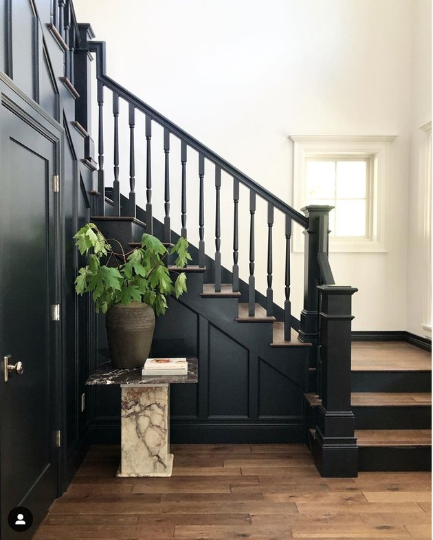 Black Stair Railing Ideas And Inspiration | Hunker with Designing Around the Page Brown Wood and Black Metal Staircase Shelving Unit