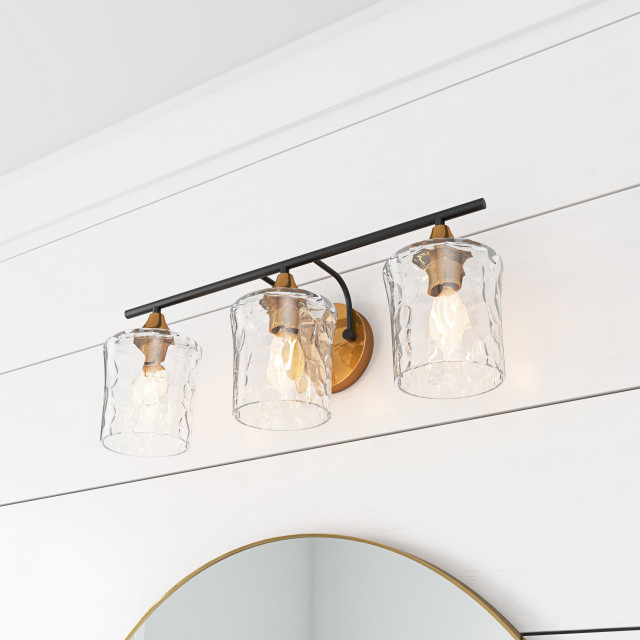 Brushed Gold 3-Light Bathroom Vanity Light With Clear Glass Shades ... in Achieving a Chic Bathroom Annalise 3 Light Vanity Light in Modern Gold