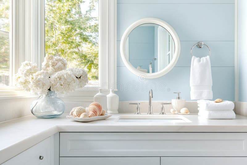 Coastal Bathroom With Light Blue Hues And Seashells For A Serene ... with regard to Achieving a Serene Bathroom The Impact of a Blue Vibe Frameless Mirror