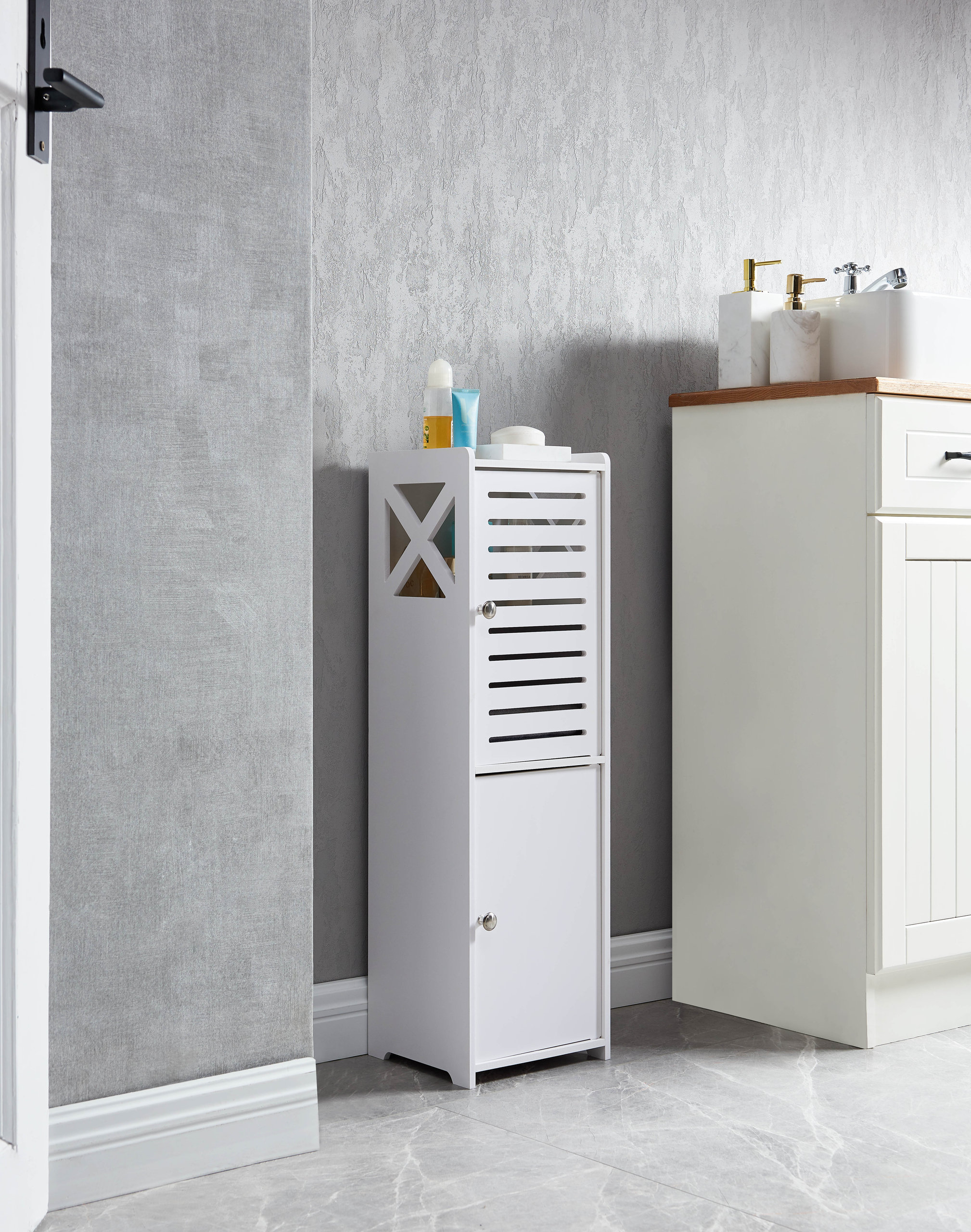Crane Wood Bathroom Floor Storage Cabinet, White, 9 W X 9" D X 31" H ... inside