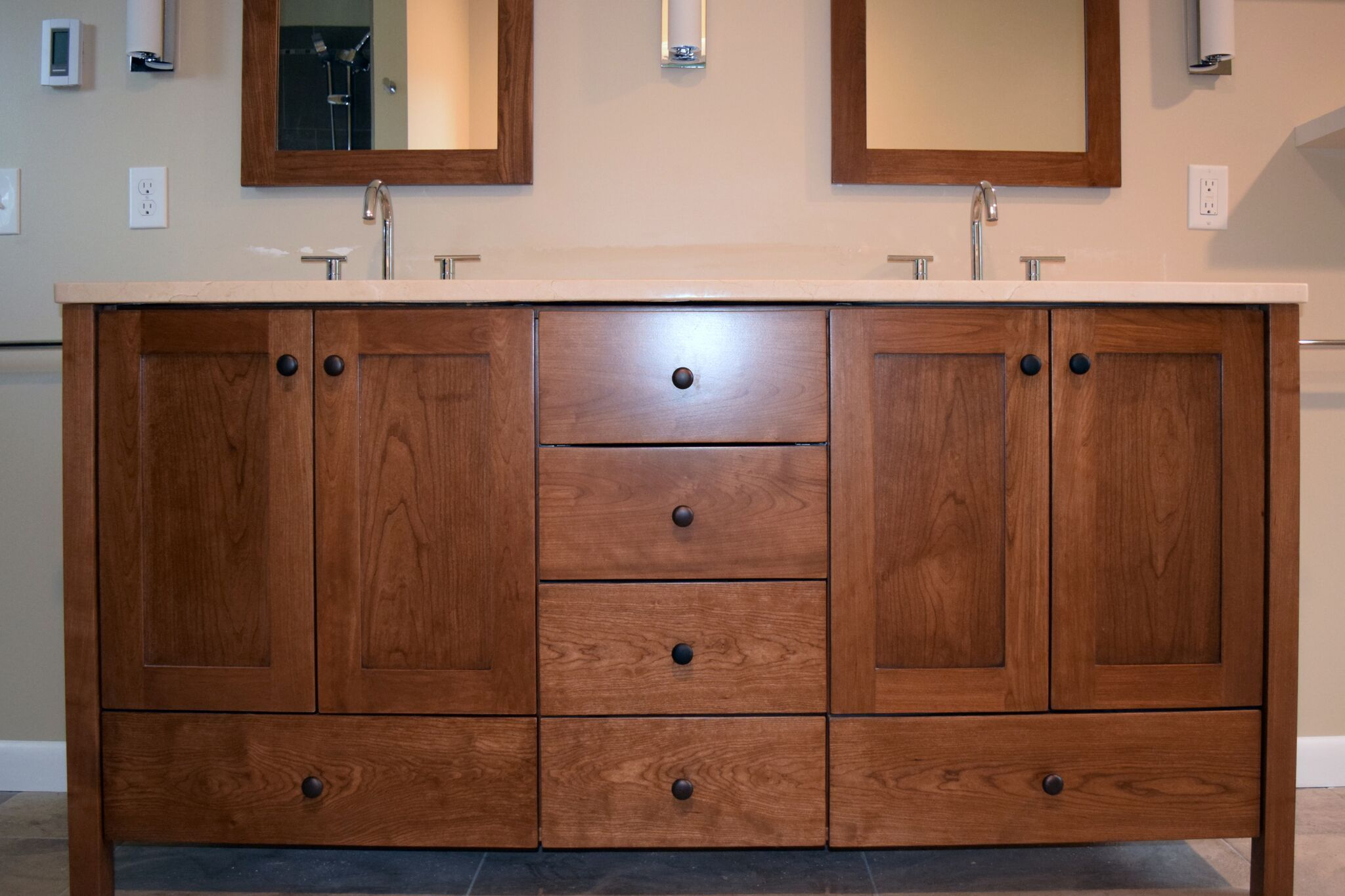 Custom Walnut Bathroom With Double Vanity And Shaker Style Cabinets throughout