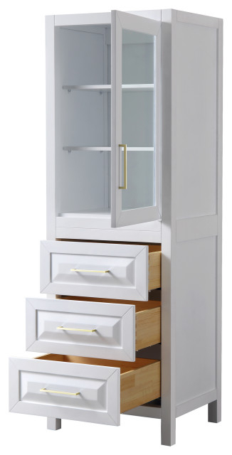 Daria White Linen Tower, Brushed Gold Trim, Shelved Cabinet Storage, 3 ... with regard to