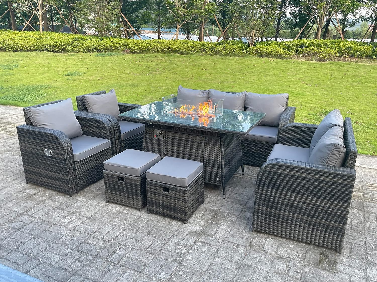 Fimous Rattan Garden Furniture Set Outdoor Gas Fire Pit Dining Table ... within