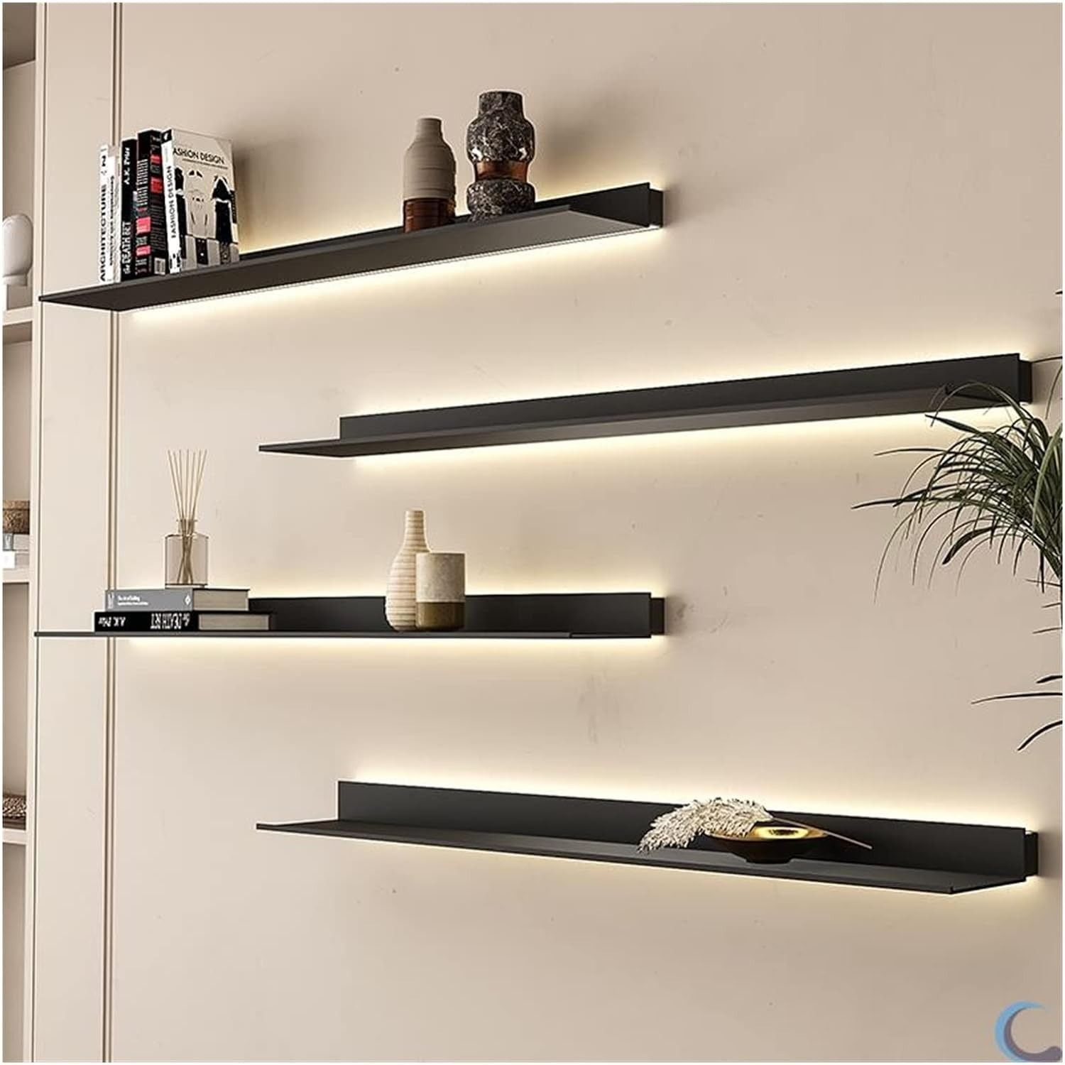 Floating Shelf With Led White Light | Black Display Shelf With Lampshade within