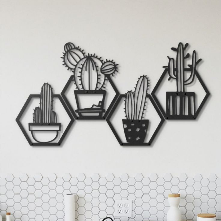 Geometric Cactus Flowers Metal Wall Art, Kitchen Wall Decor for Discovering the Unique Charm of Hand-Painted Cacti Metal Wall Art